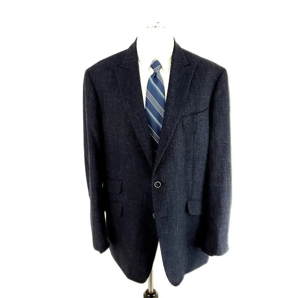 Joseph Abboud Comero Tweed Wool 2 Button Sport Coat 44R Blue Check Peak Lapel‎